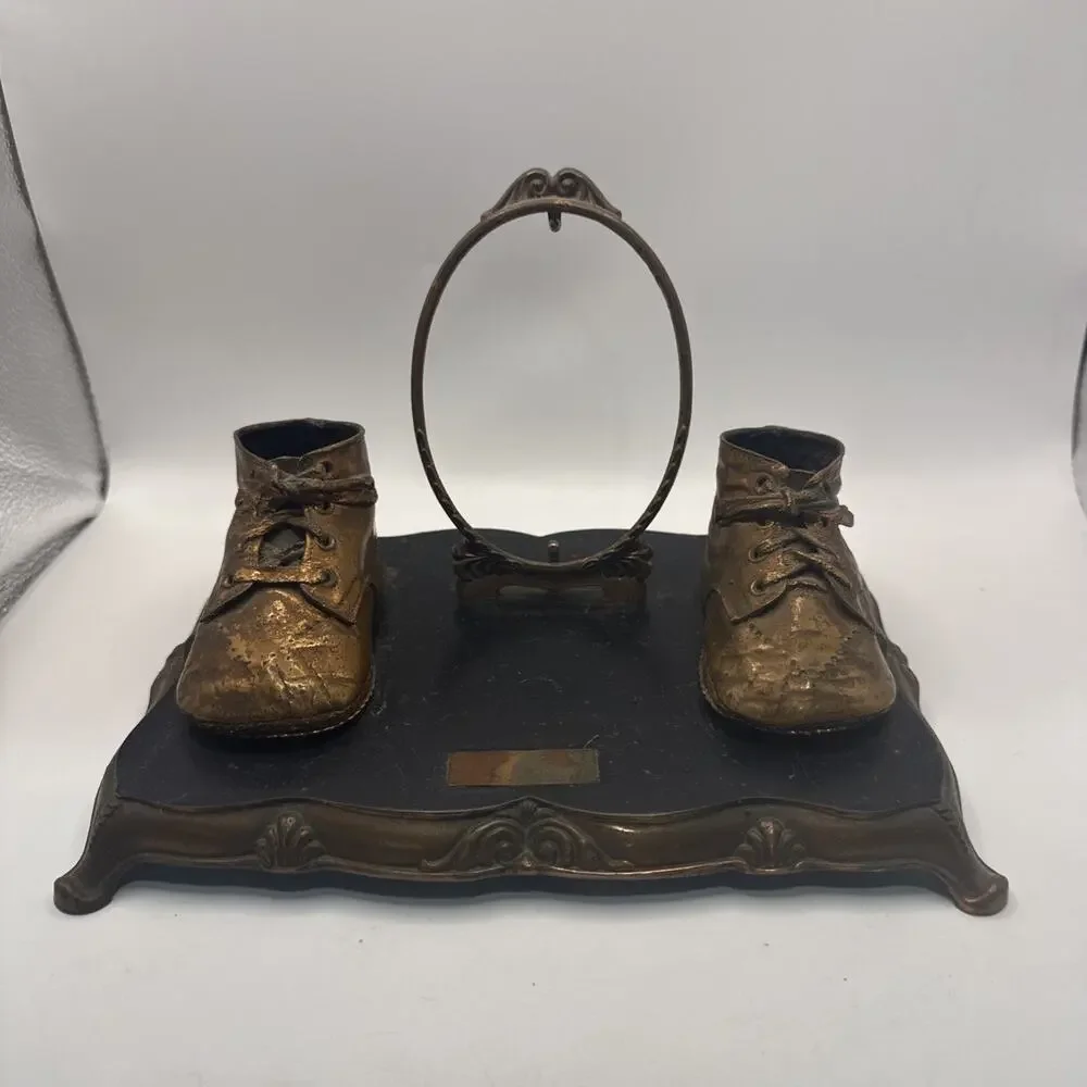 Vintage Bronze Baby Shoes Display W Frame MCM 50-60s Retro Grammys House